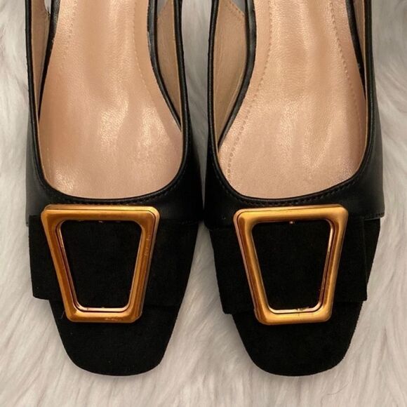 Black and Gold Minimalist Career Block Heels Squared Toe Slingback Shoes - Picture 4 of 8